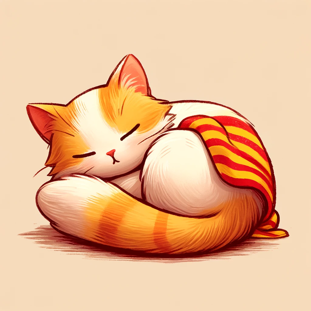 Un gatet català adorable dormint plàcidament, amb el pelatge de tons taronja i blanc, enrotllat en una posició relaxada. Porta una senyera catalana subtilment col·locada sobre el cos, afegint un toc distintiu de Catalunya. El fons és neutre, de color beix o blau suau, mantenint l'atenció en el gatet dolç i tranquil.